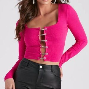 Windsor Hot Pink Ribbed Crop Top With Rhinestone Safety Pins Size Small